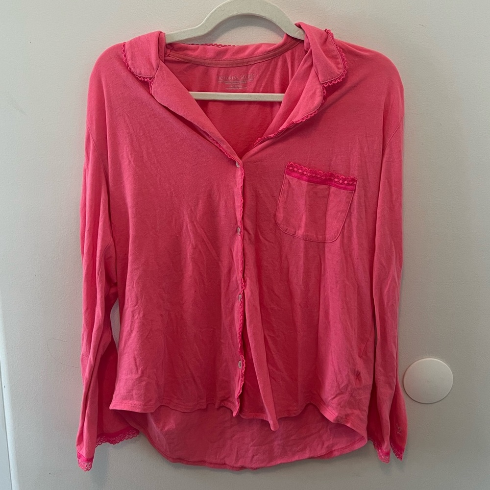 Victorias Secret Pink Pajama Set Button Up Long Sleeve